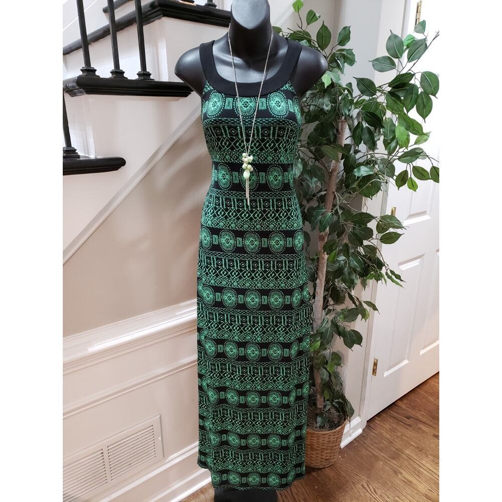 AB Studio Women Black & Green Polyester Round Neck Sleeveless Long Maxi Dress XS